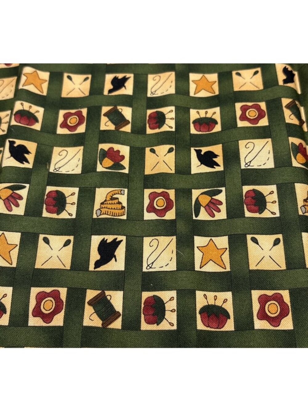 Sewing-Themed Cotton Fat Quarter 18"x22" Green Yellow Craft Fabric Quilting